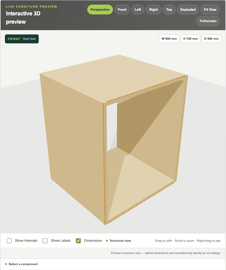 The live staging 3D cabinet preview with view buttons and inspection controls