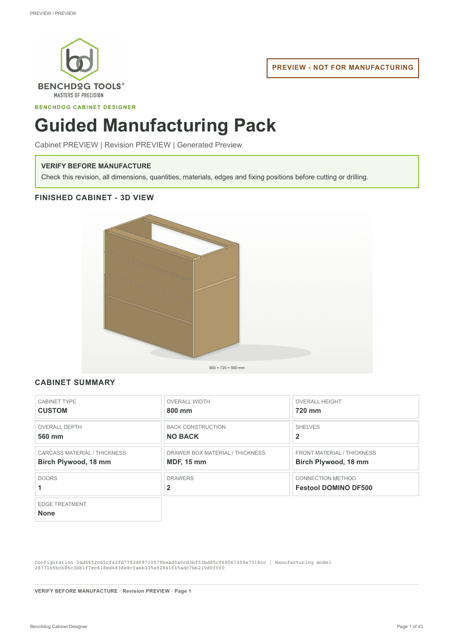 Current Guided Manufacturing Pack cover showing the finished cabinet view, revision details and cabinet summary