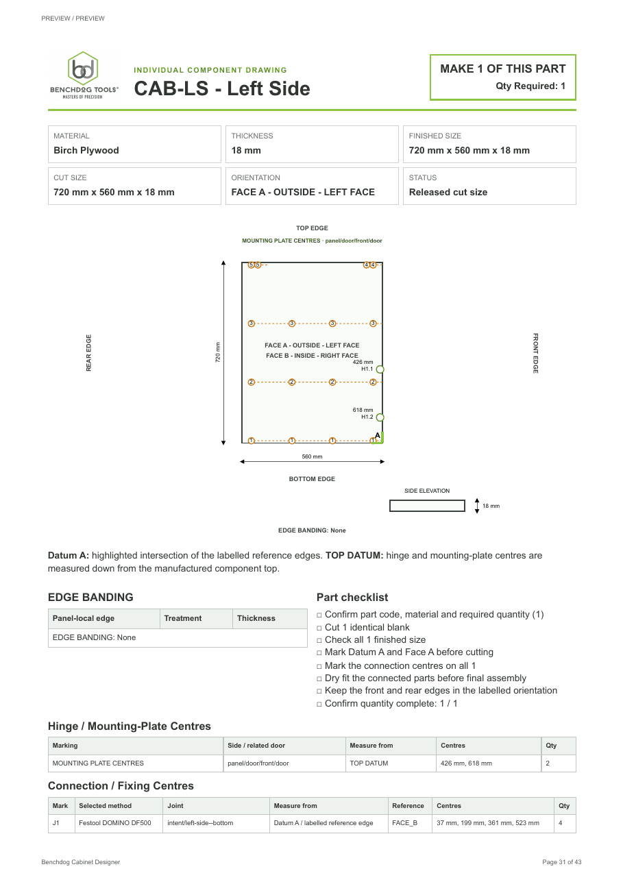 Current individual carcass panel drawing with finished size, orientation, datum, dimensions and fixing centres