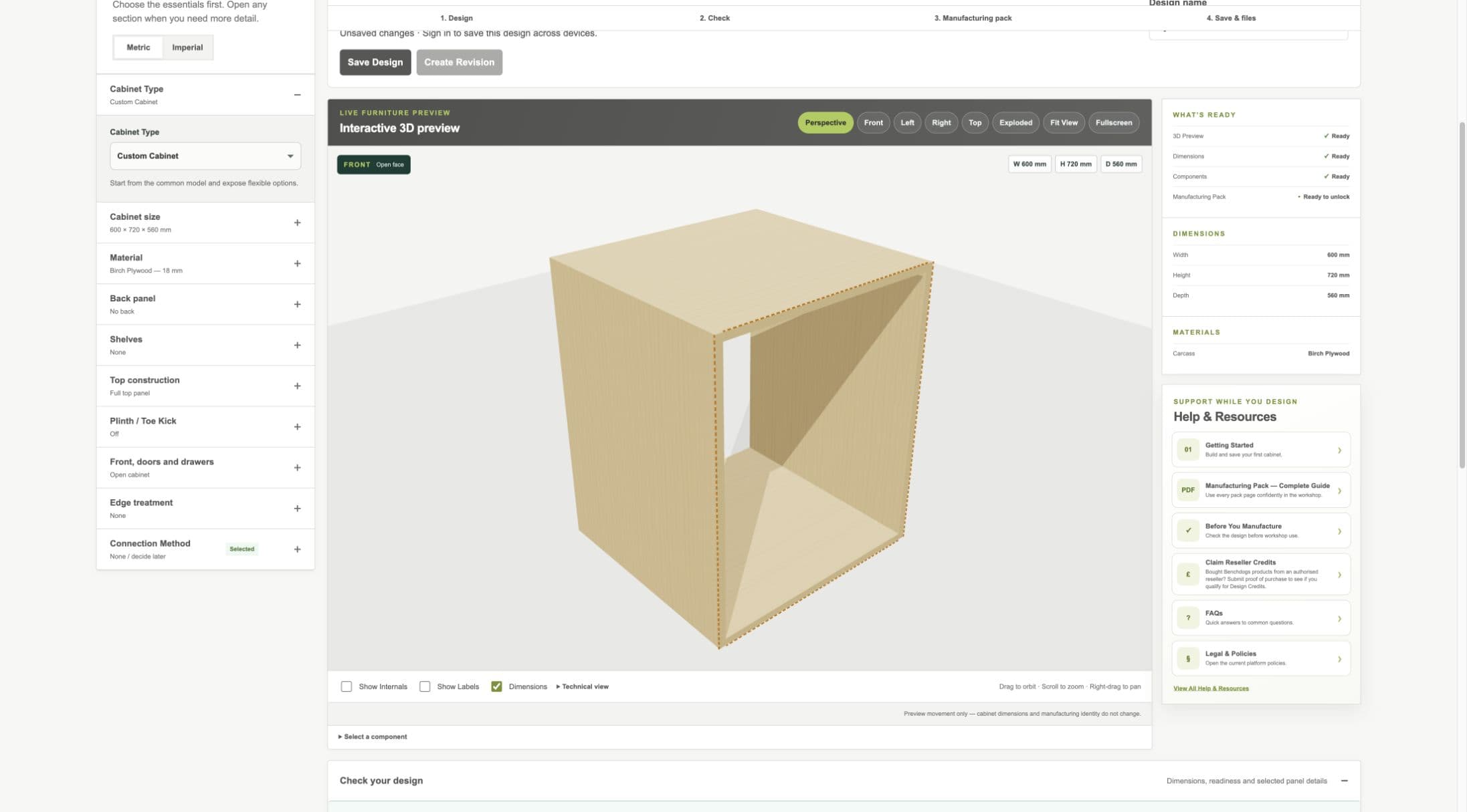 Current staging Cabinet Designer with the Cabinet Type selector open beside the live 3D workspace