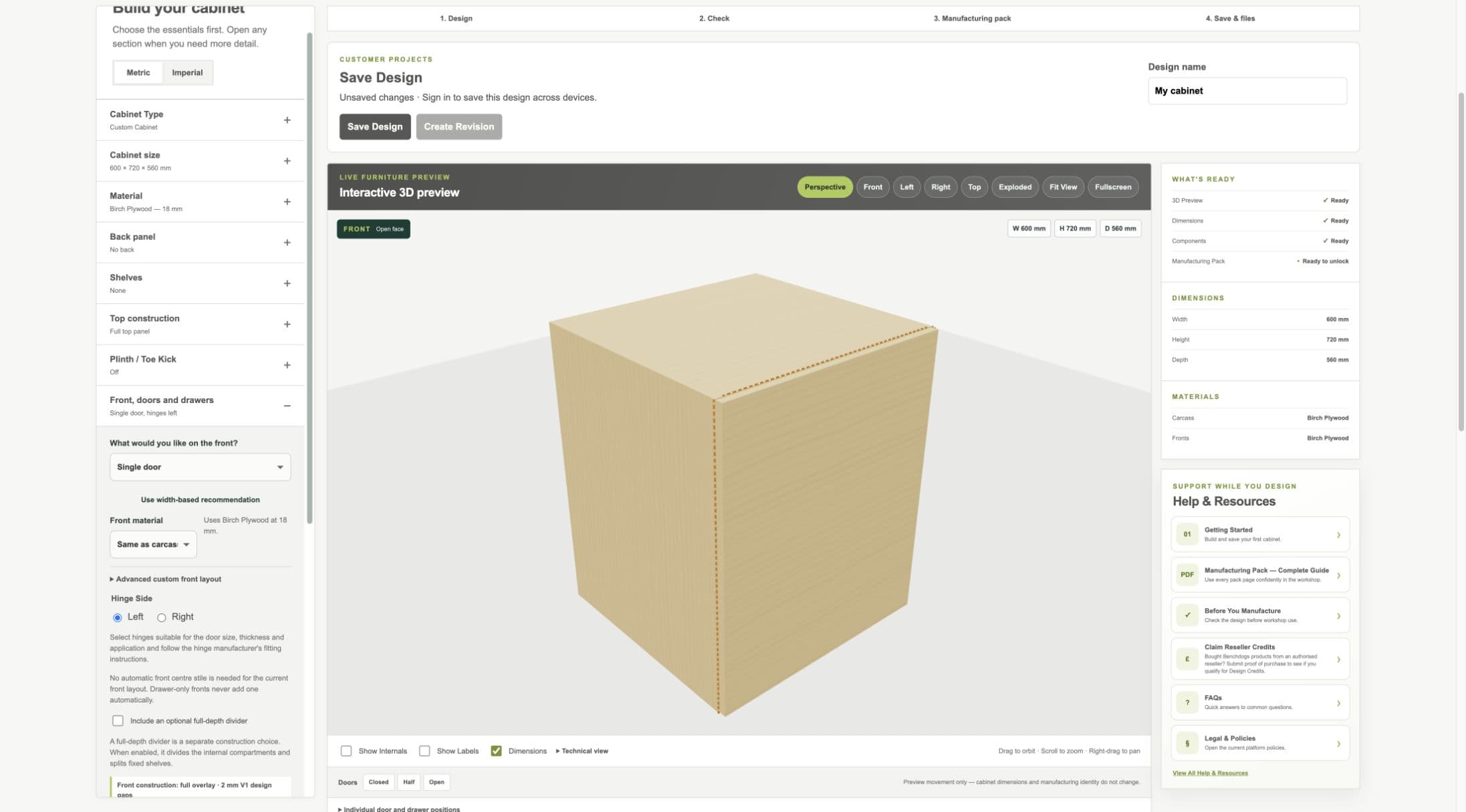 Current staging Cabinet Designer showing a single-door configuration and the live door preview