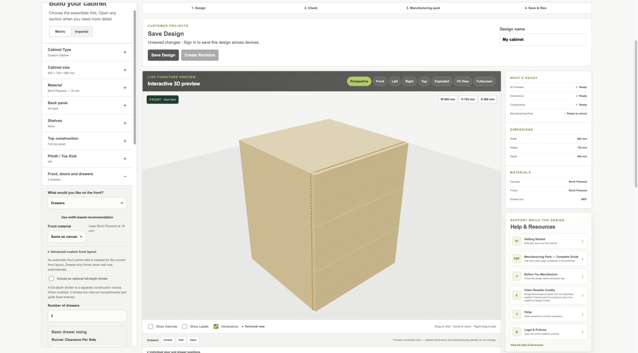 Current staging Cabinet Designer showing drawer sizing controls and complete drawer boxes in the live preview