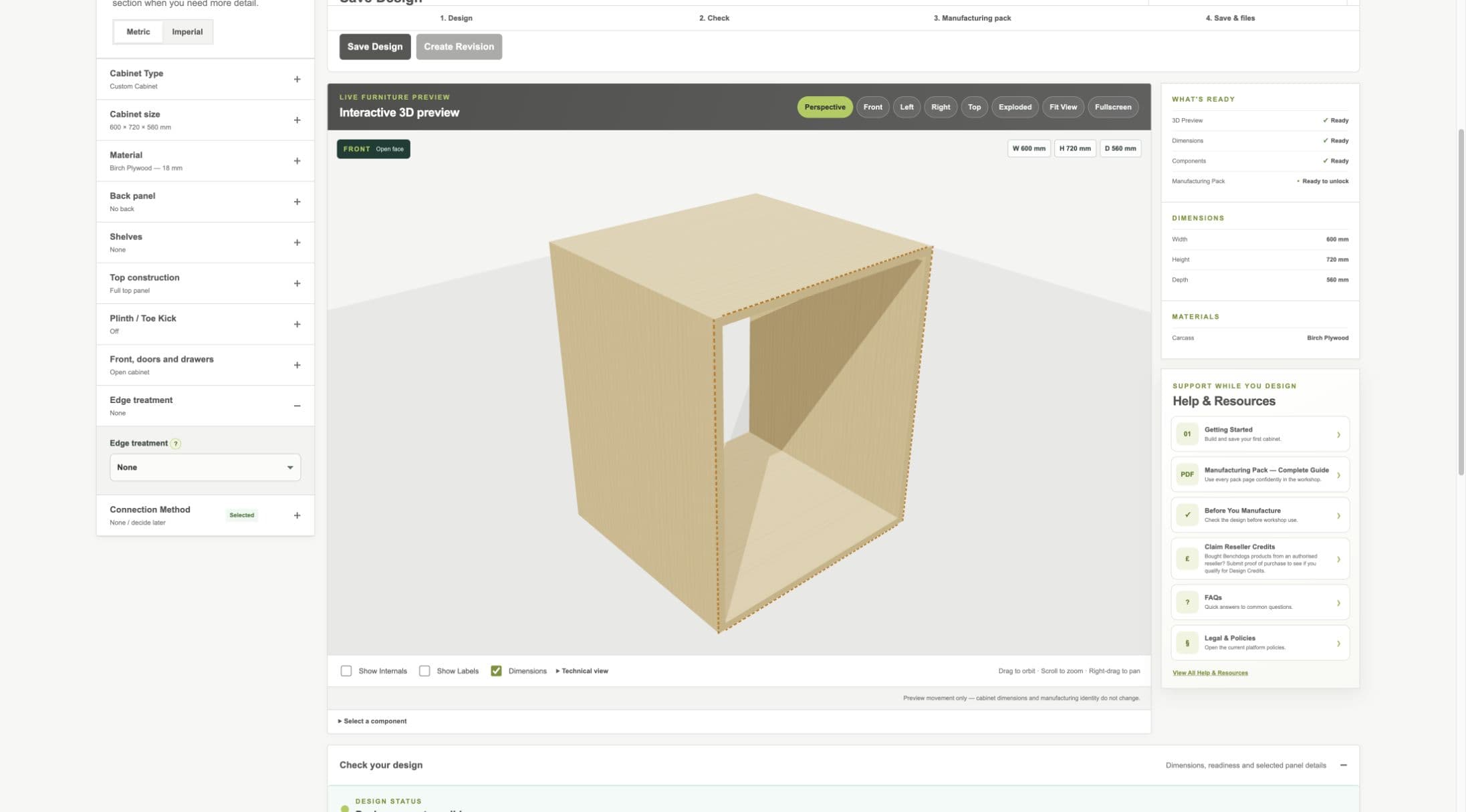 Current staging Cabinet Designer showing the edge treatment selector and individual part controls
