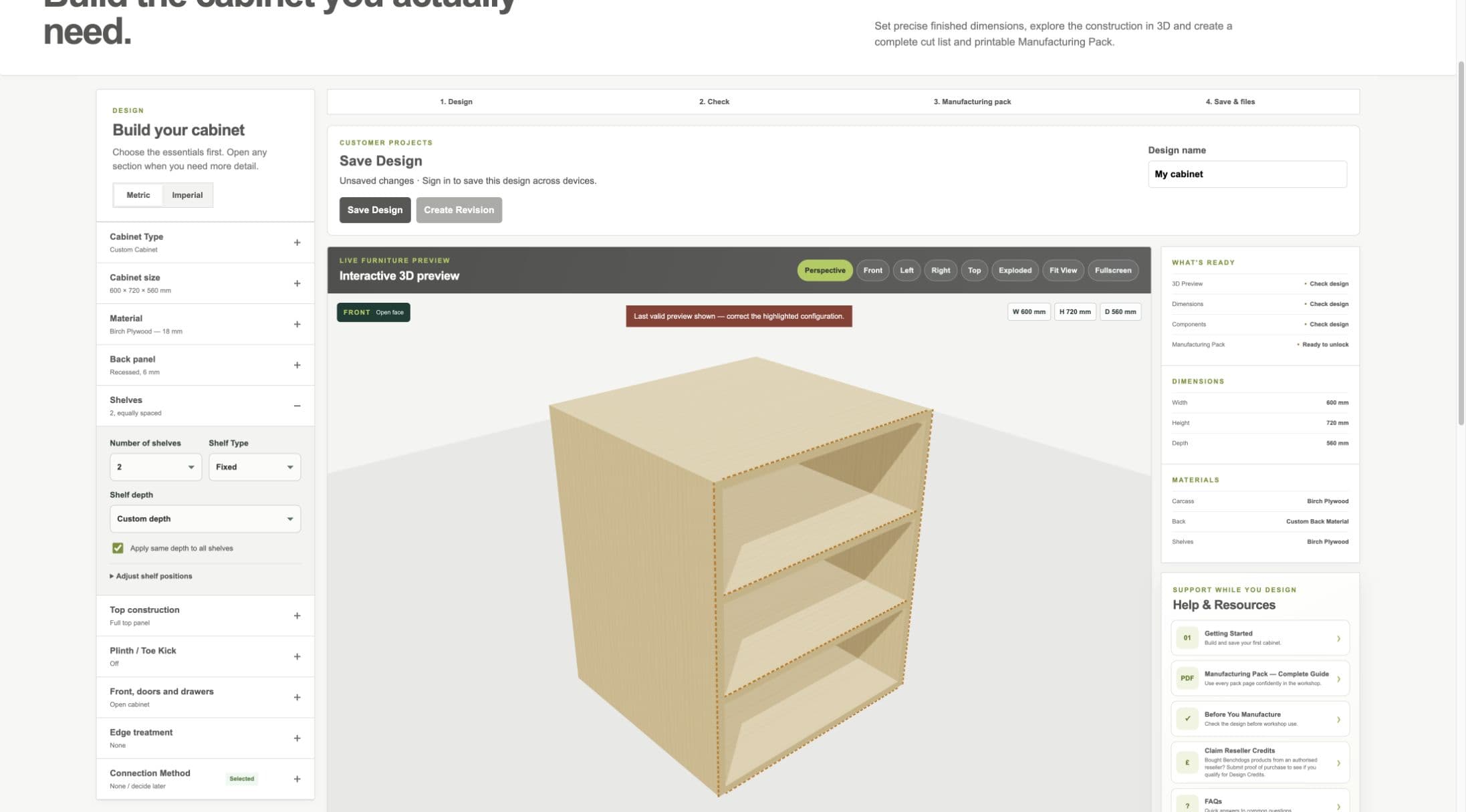 Current staging Cabinet Designer showing custom-depth shelves and their live rear-aligned preview
