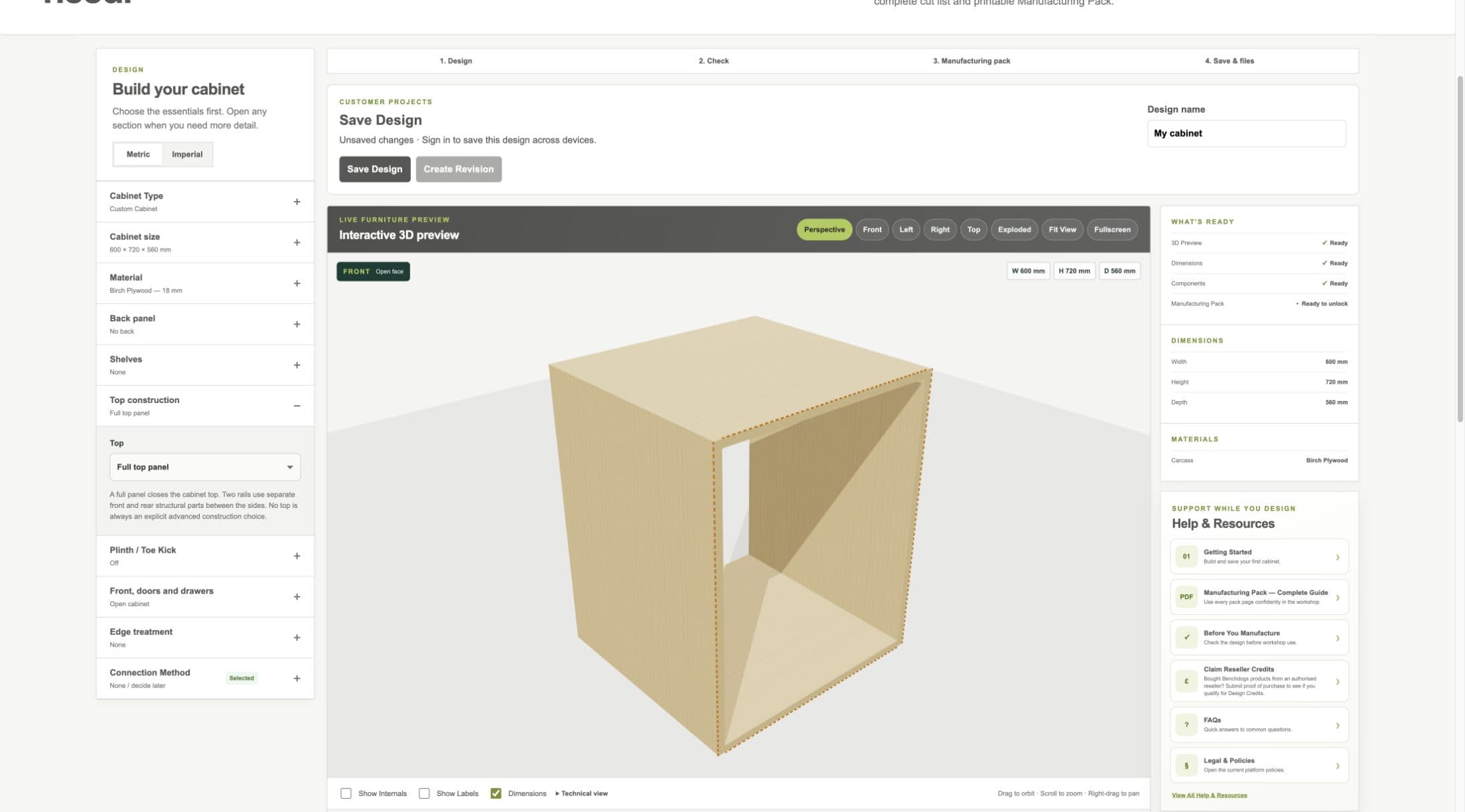Current staging Cabinet Designer showing the top construction selector beside the live cabinet preview
