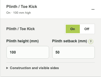 The live staging Plinth and Toe Kick controls showing height and setback