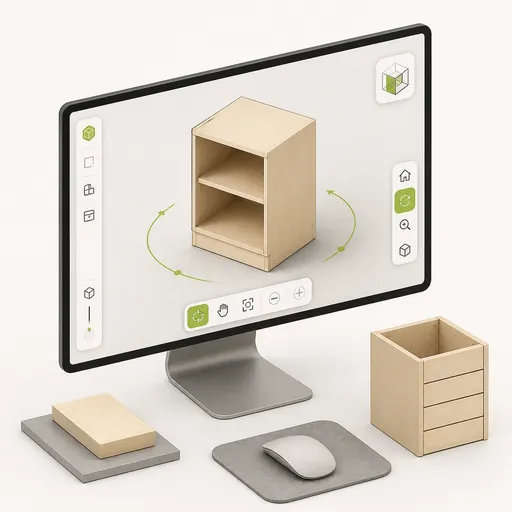 Isometric cabinet beside a three-dimensional viewer screen