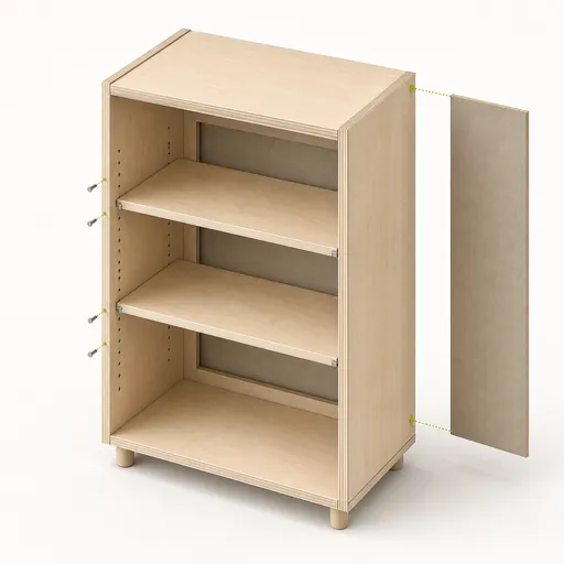Isometric cabinet showing back construction and shelf positions