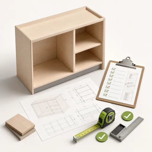 Workshop drawing, checklist, square and tape measure ready for checking