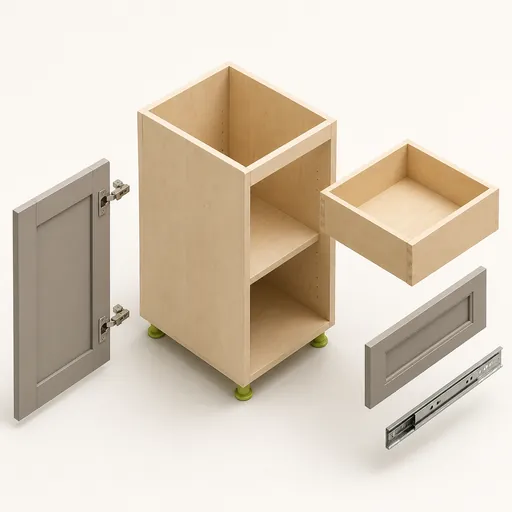 Isometric cabinet door, drawer box, hinge and runner