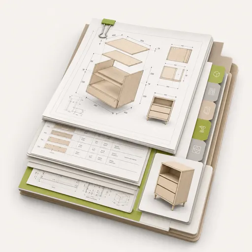 Organised manufacturing pack with drawings, cut list and cabinet preview