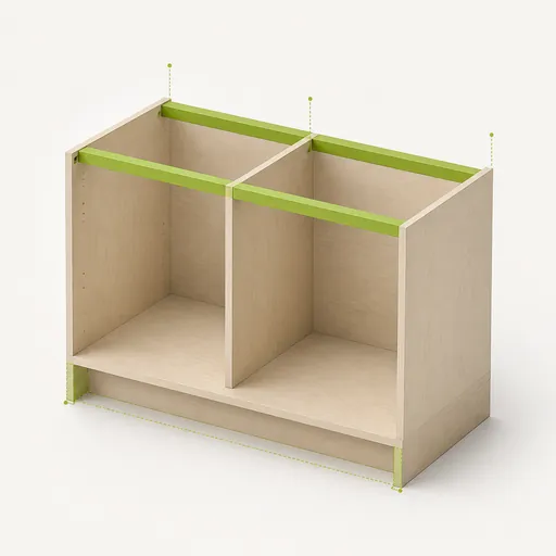 Isometric cabinet showing a recessed plinth and construction parts